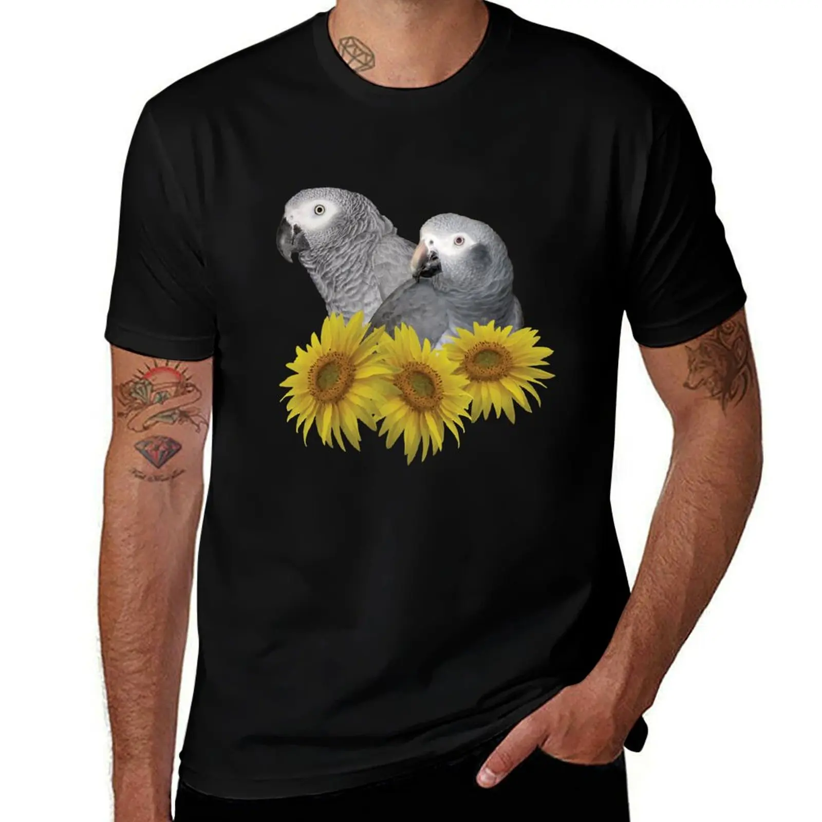 Congo and Timneh African Grey Parrot with Sunflowers T-Shirt Plus Size Quick Dry Sports Tee T-Shirt