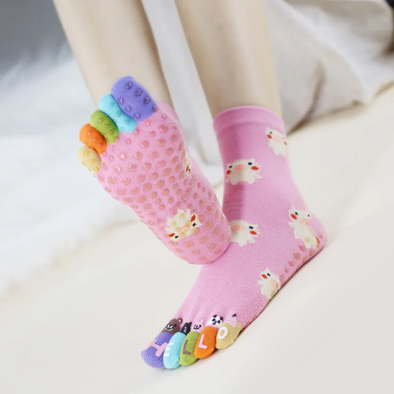 Full Toe Yoga Socks Women Korean Japan Cotton Cartoon Silicone Non-slip Pilates Crew Five Toes Socks