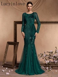 Lucyinlove Elegant Long Sleeves Sequin Tulle Evening Dresses 2024 Women Luxury Mermaid Formal Bridesmaid Party Maxi Prom Dress