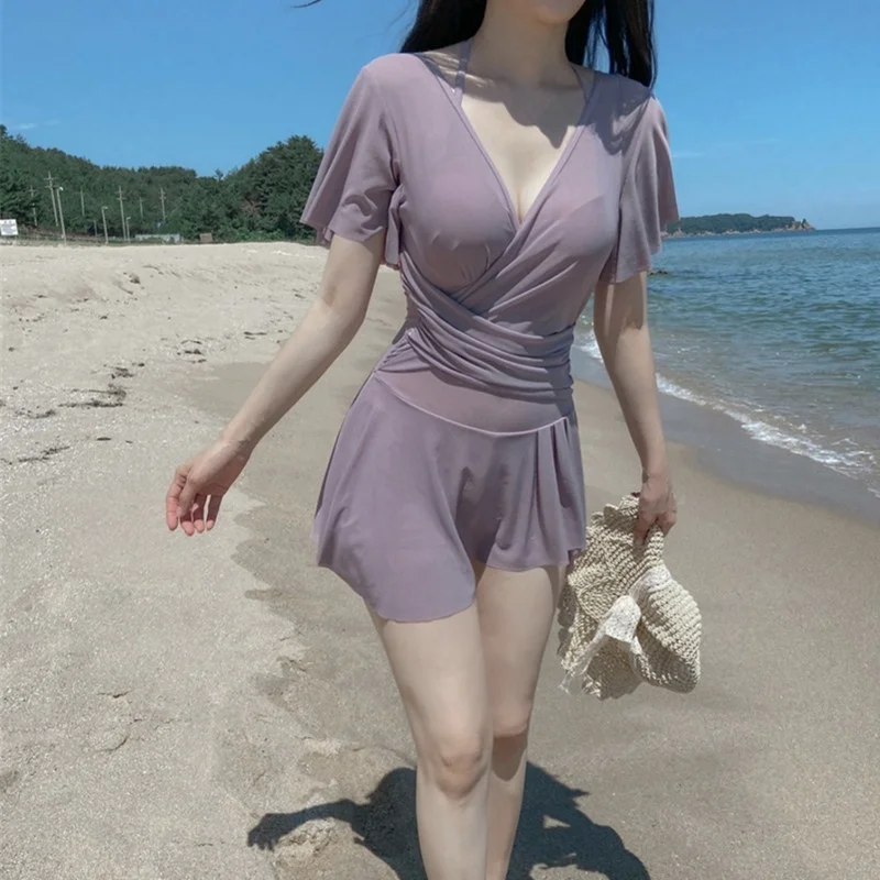 Short Sleeve One Piece Swimming Suit for Women Korean Mesh Slimming V-neck Solid Swimwear Woman Beach Bathing Suit Wear Ruched