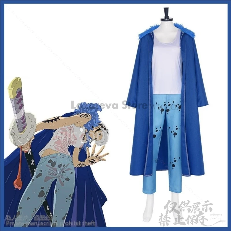 Anime Trafalgar D. Water Law Cosplay Costume Female Blue Woolen Collar Cloak Cape Uniform Adult Woman Man Halloween Party Suit