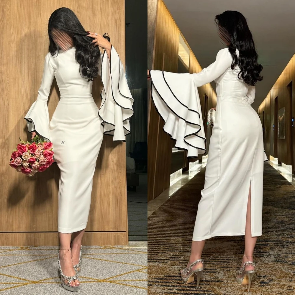 

Jiayigong Prom Satin Tiered Ruffles Wedding Party A-line High Collar Bespoke Occasion Gown Midi Dresses