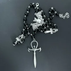 Gothic Bat Cross Rosary Necklace for Women Fashion Mystery Witch Jewelry Accessories Gift Silver Color Bat Charm Vampire Choker