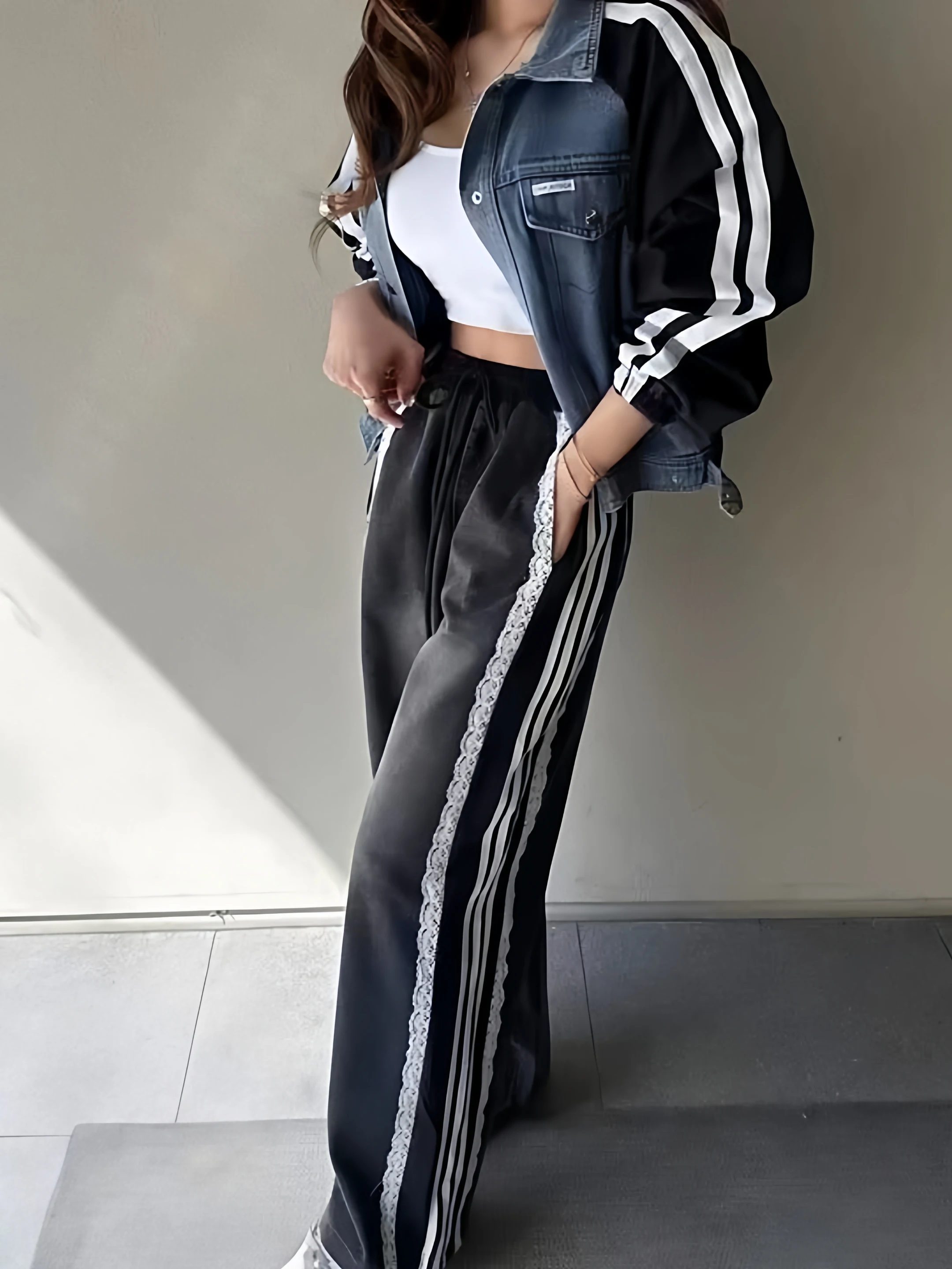 الرجعية الدنيم Jaet مجموعة المرأة الخريف الشتاء المرقعة الدانتيل عالية الخصر عادية بنطال ذو قصة أرجل واسعة قطعتين مجموعة Faionable فرقة