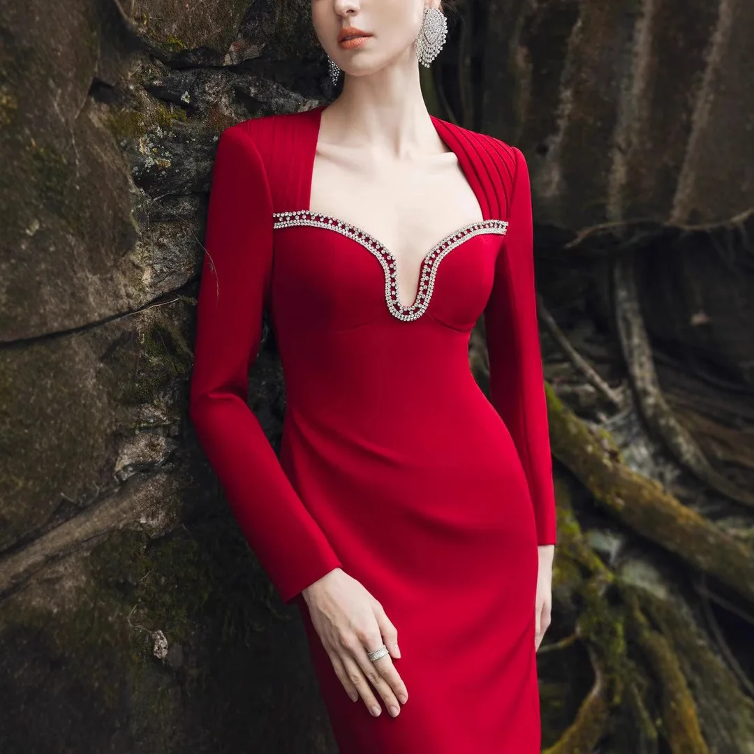 

Fashion Red Vingate Long Sleeve Party Dresses Luxury 2025 Autumn Weeding Guest Evening Dress Elegant and Chic Gowns Wear