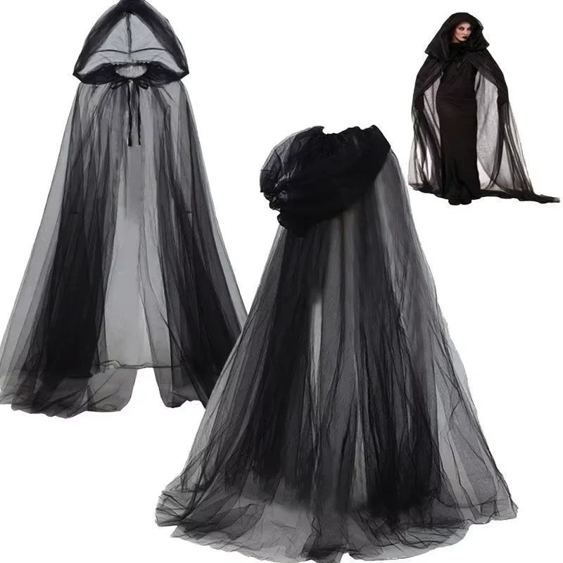 New Halloween Black Hooded Tulle Cape Black Bridal Shawl Witch Vampire Cosplay Cloak Halloween Cosplay Props Costume Accessories