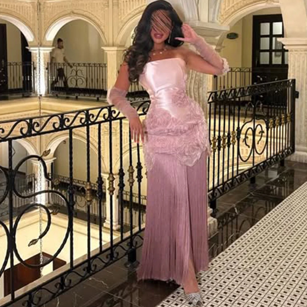 

Luxury Flowers Tassel Celebrity Gowns Customized Pink Satin Evening Dress Classic Strapless Zipper Back Homecoming Dresses