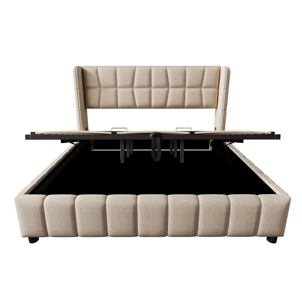 180x200cm gepolstertes Doppelbett mit pneumatischer Stauraum-Lattenrostunterlage und Rückenlehne – Leinenrahmen für Erwachsene und Jugendliche (ohne Matratze) – Detail 9