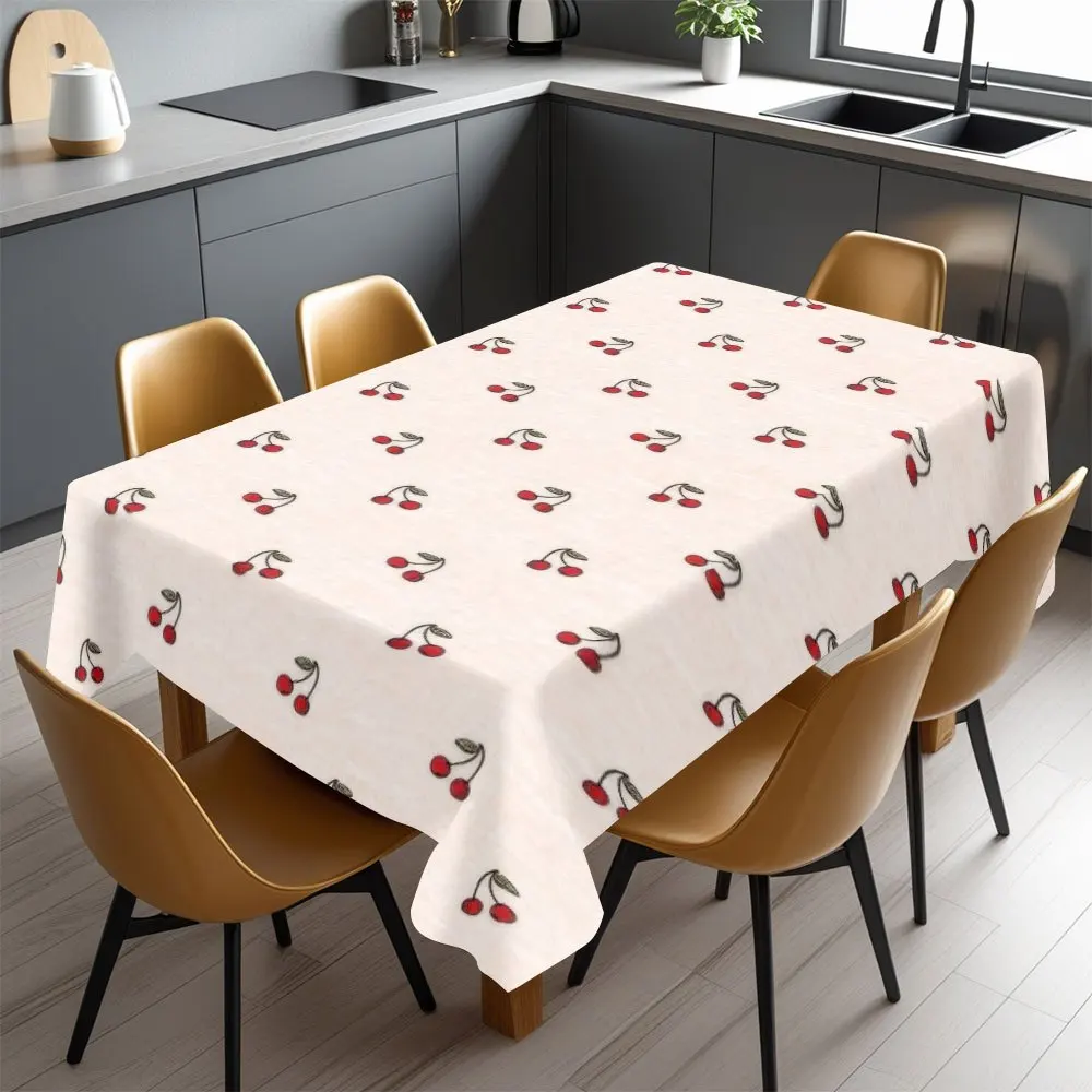 Cherry Tablecloth,Cream Background Red Cherry Fruit Print Cover,Washable Table Cloth for Party,Fresh Cute Style Home Table Decor