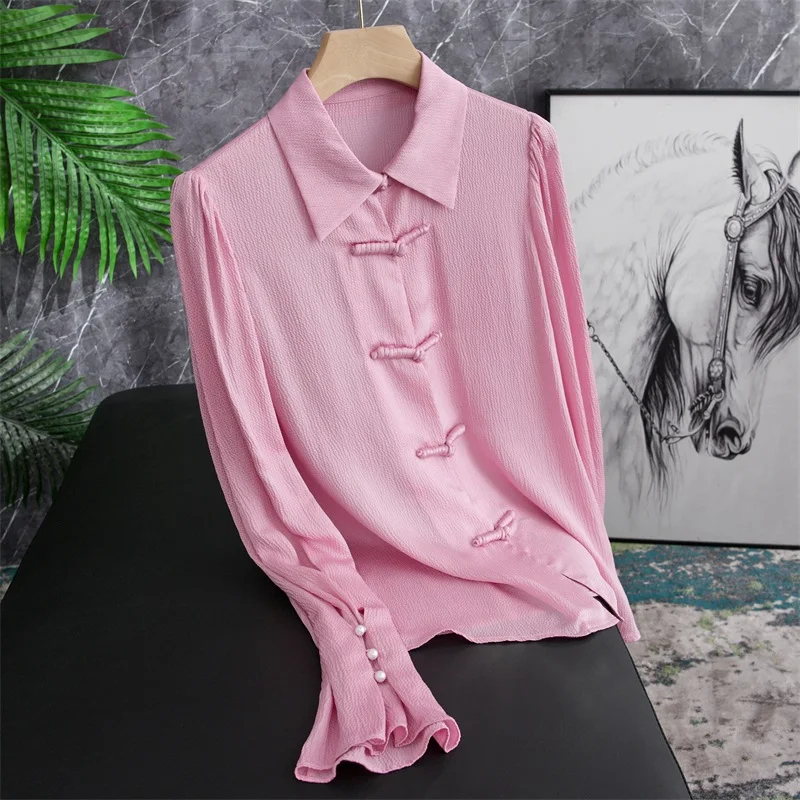 

Elegant Chinese Style Blouse with Turn-down Collar And Bell Sleeves in Pink Floral Embroidery Sweet Atmosphere Spring 2023 Top