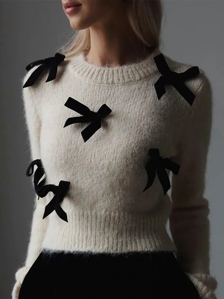 

Knitted Sweaters for Women Fashion Vintage Casual Jumpers Solid Slim Long Sleeve O Neck Bow 2024 New Autumn Winter Pullovers