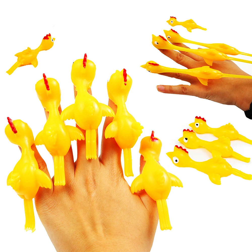 10-50pcs Novelty Sport Catapulted Ejection Chicken Toy Rubber Prank Flying Toy Slingshot Chicken Finger Toys Turkey Sticky