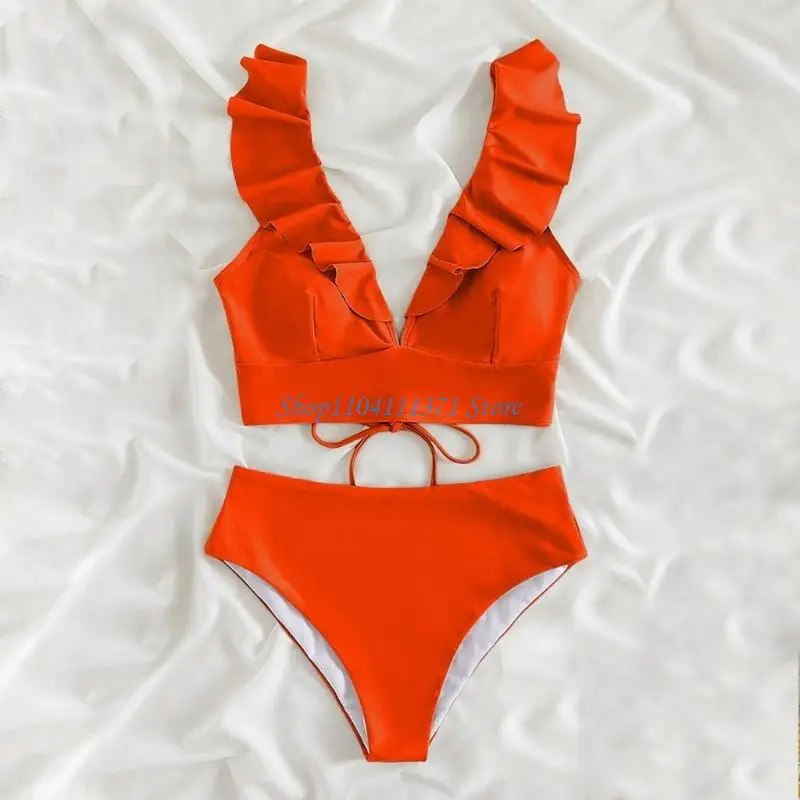 

P9FC Women's High Waisted Set Tummy Trimming Swimwear Ruffle Sleeve Two Piece Swimsuit V Neck Swimwear