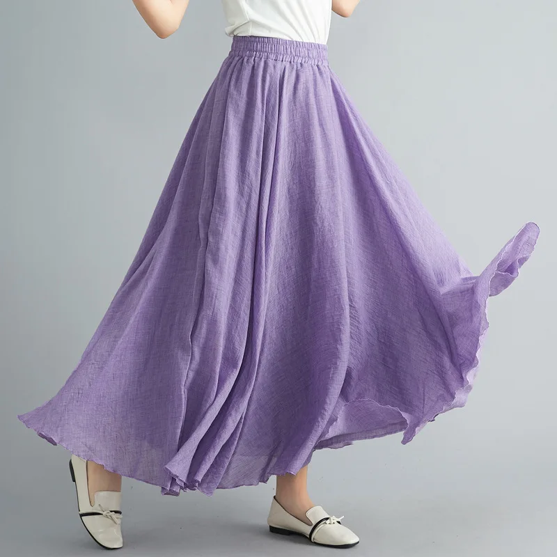 new Women\'s Elegant High Waist Linen Maxi Skirt 2023 Summer Ladies Casual Elastic Waist 2 Layers Skirts saia feminina 20 Colors