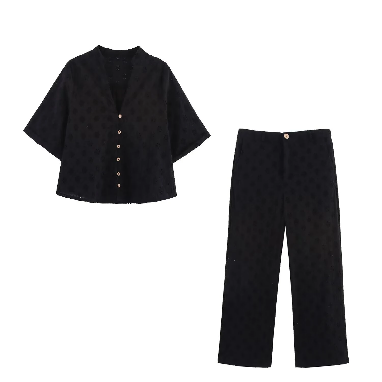 Sommer Neue Damenmode Europäischer und Amerikanischer Stil Hohlstickerei-Bluse + Bestickte Weite Hose Set