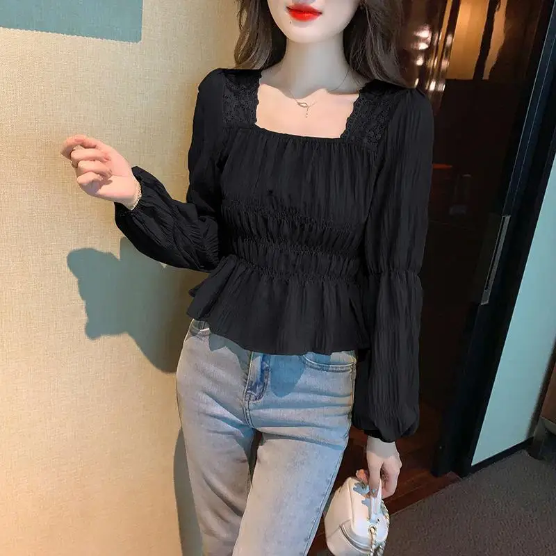 Women\'s Spring Fashion Solid Color Simplicity Pleated Square Collar Long Sleeve Shirts Women Clothes Elegant All-match Slim Tops