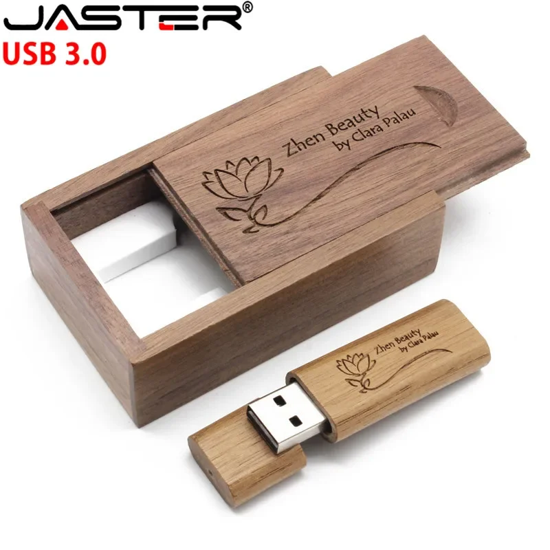 Jaster usb 3.0 de madeira usb + caixa pen drive usb driver 4gb 8gb 16 32gb cartão de memória usb logotipo pessoal criativo atacado