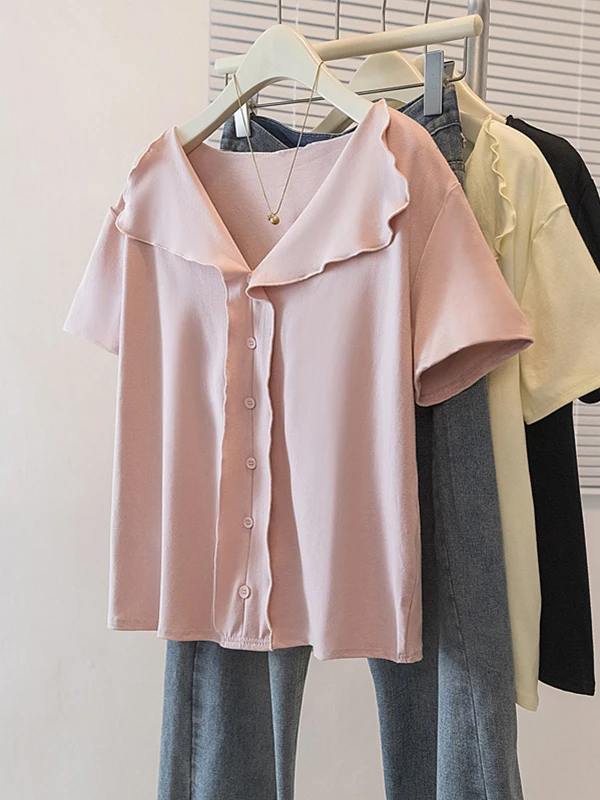 

Розовая кружевная футболка с V-образным вырезом и коротким рукавом для женщин, красивая весенняя модель больших размеров, для полных женщин, корейский стиль