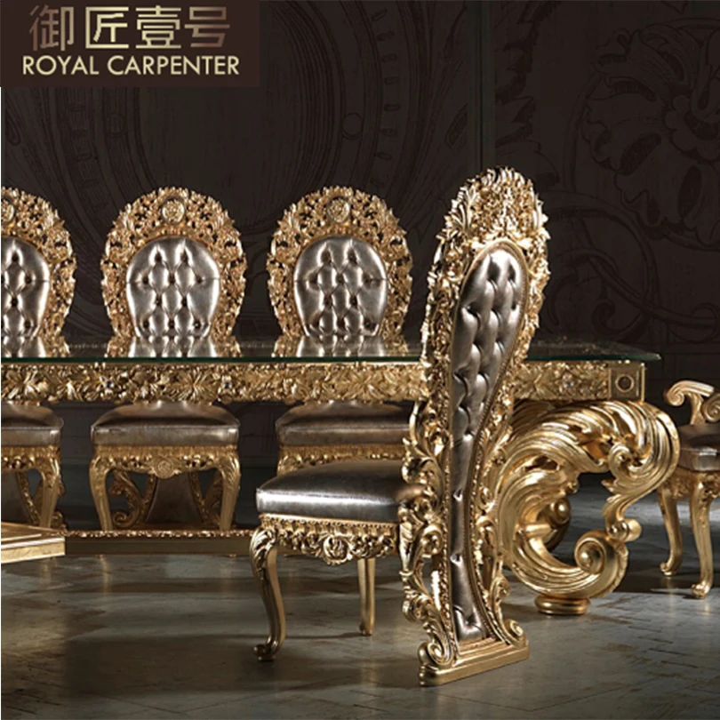 European rectangular table restaurant furniture villa solid wood carved table 8 chairs dining table dining chair