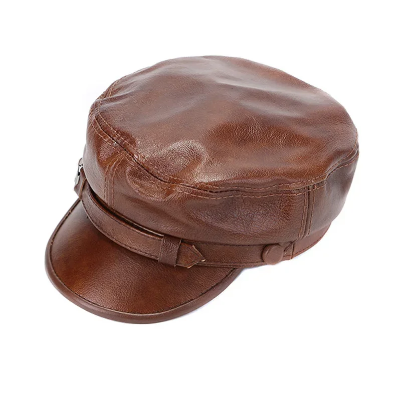 New Men Genuine Leather Flat Army Hat Cowhide Fitted   For Man Personality Locomotive Punk Black/brown Baseball Caps