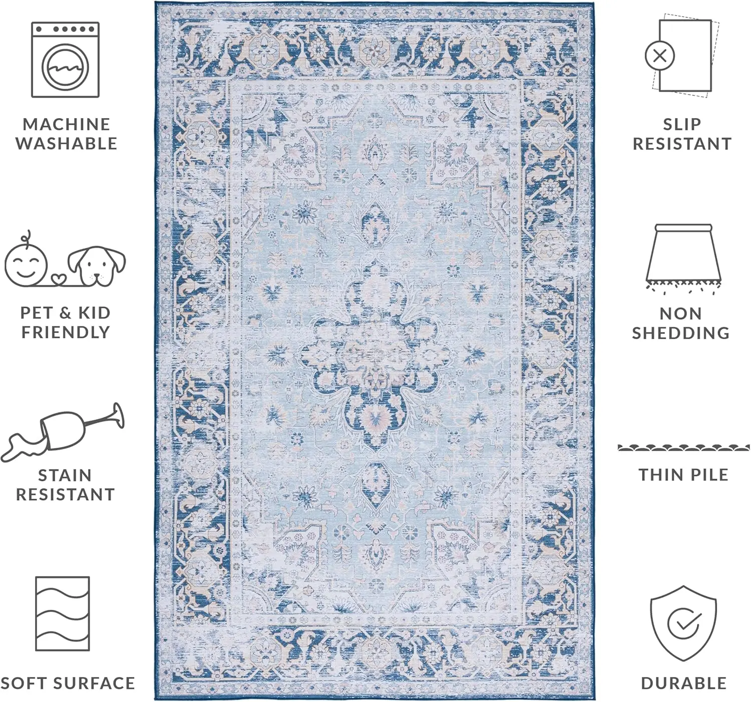 

Safavieh Tucson Collection Area Rug - 6' X 9', Light Blue & Navy, Persian Design, Non-Shedding Machine Washable & Slip
