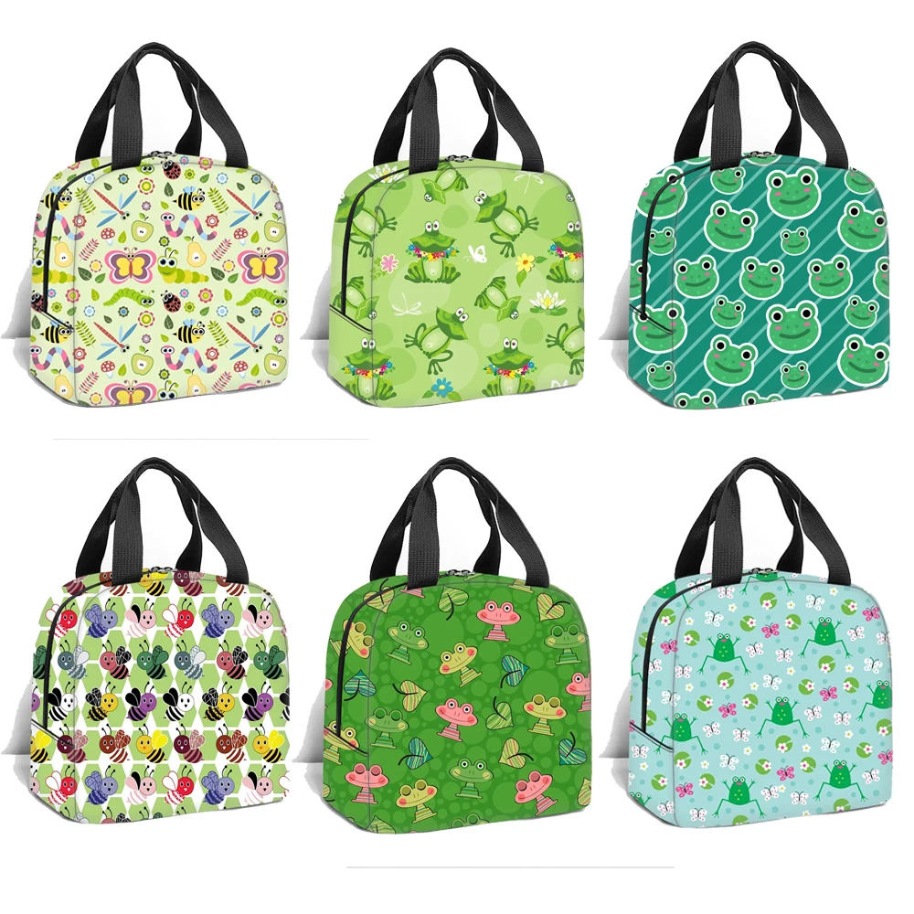 

Green Frog Prince Pattern Insulated Lunch Bags Hardworking Bee Butterfly Portable Picnic Bag Thermal Food Storage Bags Lunch Box