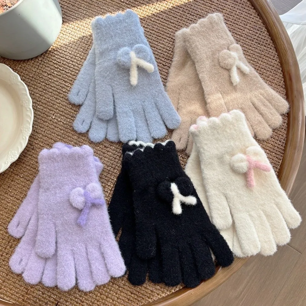 Cute Thickened Knitted Gloves Touch Screen Bowknot Winter Mittens Keep Warm Cold-proof Gloves Women
