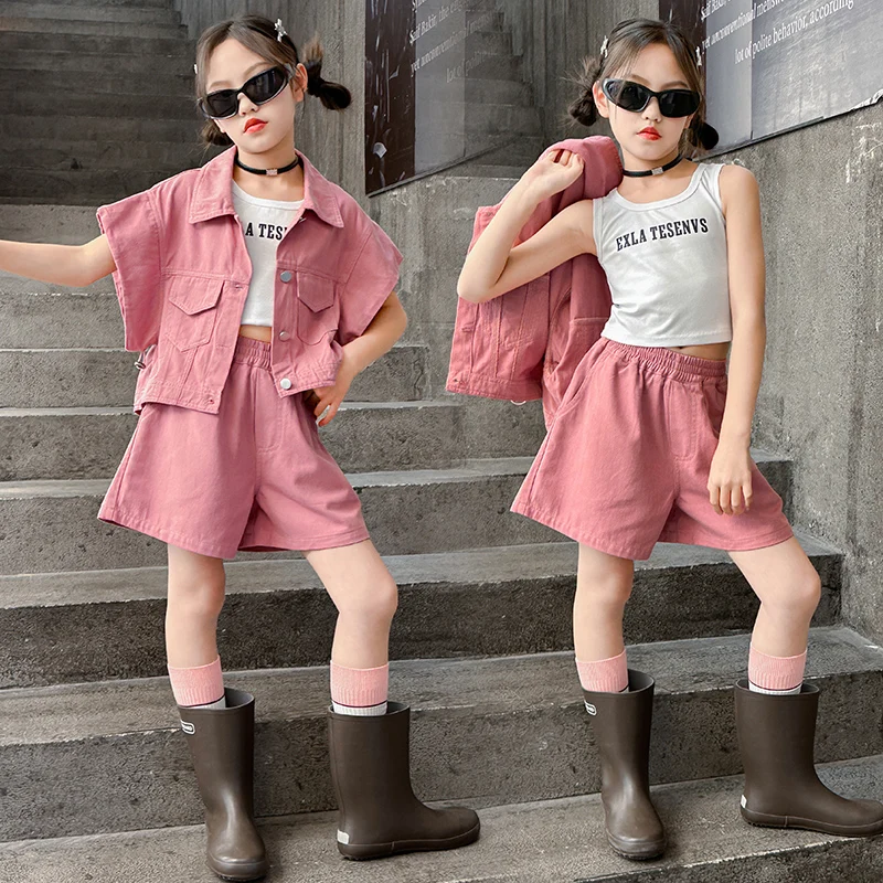 

junior girls short clothes set pink short Sleeveless tops coat+cotton vestbeixDenim shorts 2pcs teen kids suit child outfits 12