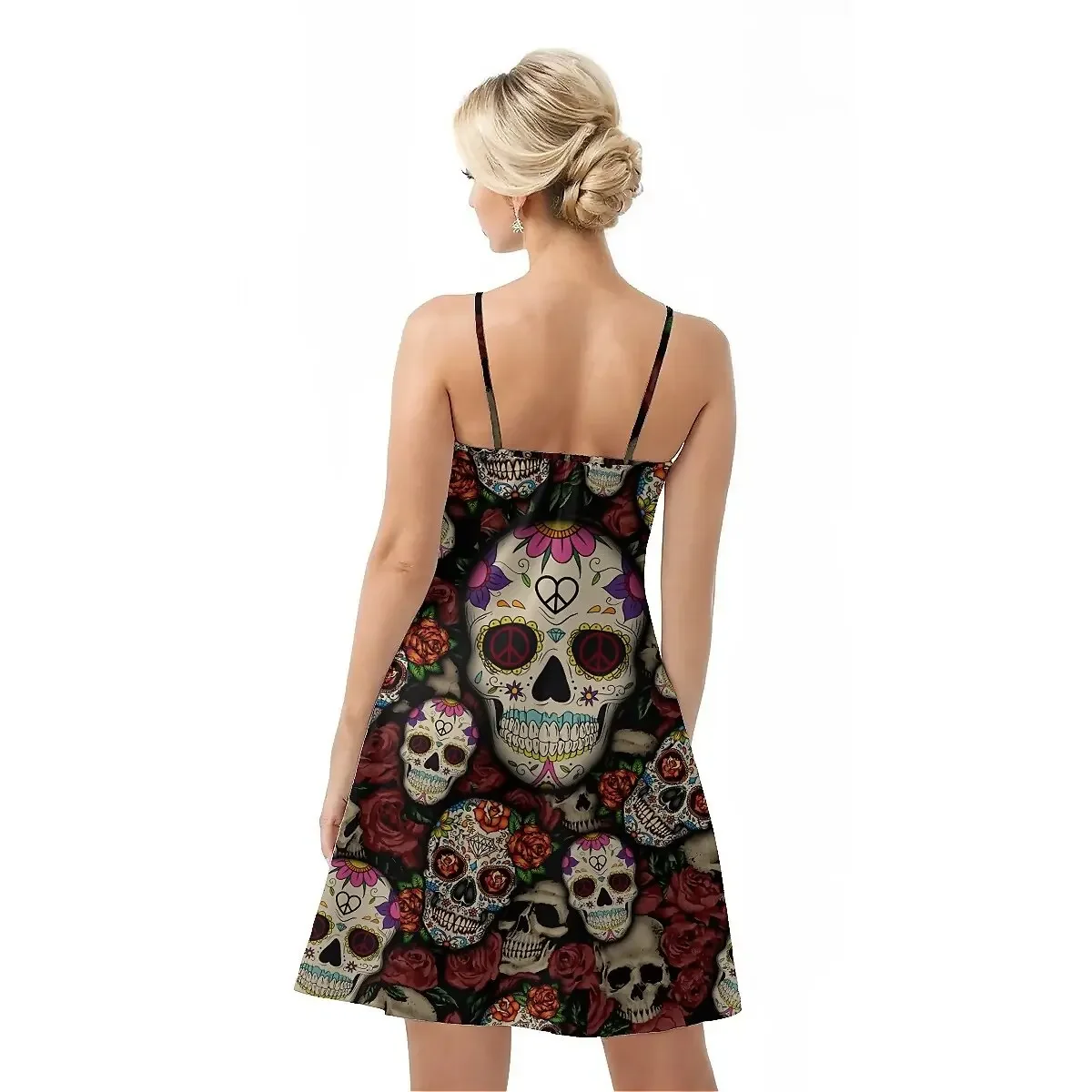 Jumeast Skull Flower Women Fashion Button Sling Dress Peace Sign Beach Elegant Skirt Tropical Style Hawaiian Casual Clothing