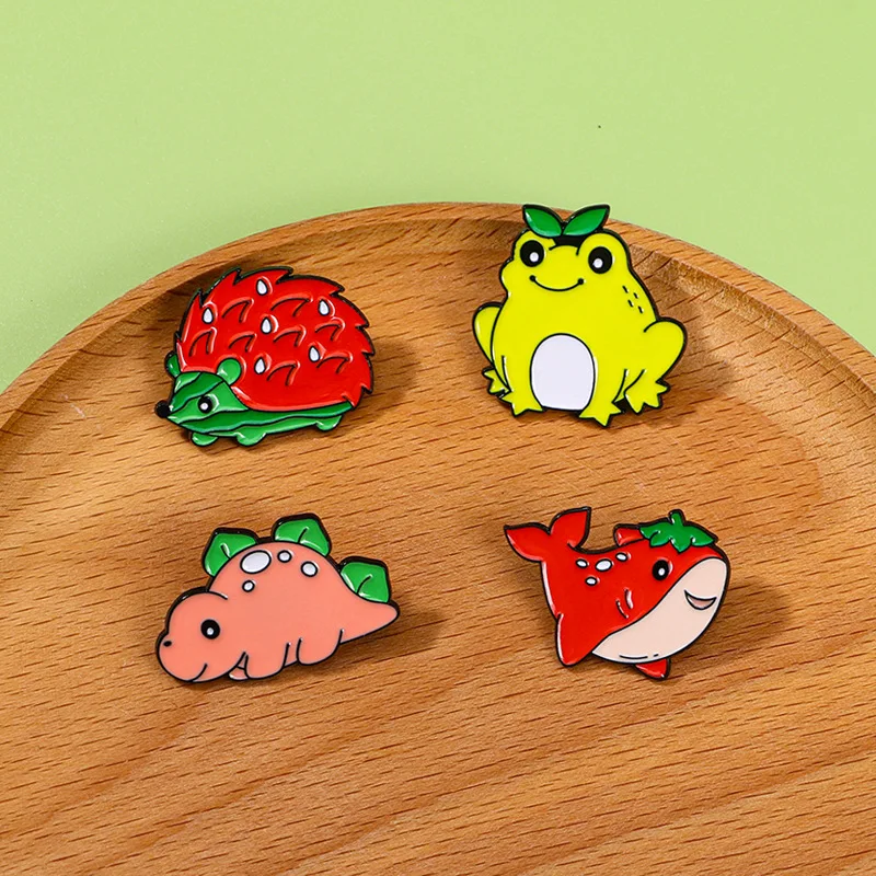 Cartoon Animal Fruit Brooches Cute Watermelon Tomato Shark Frog Dinosaur Zinc Alloy Badges for Clothes Bags Hat T-shirt Jeans view 5