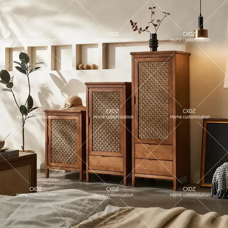Nordic Rattan Solid Wood Log Color Living Room High Low Lockers Japanese Style Small Apartment Combination Set