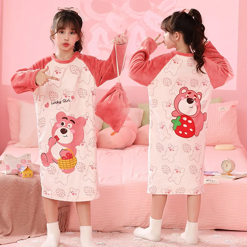 Girls' Pajama Dress Princess Winter Thickened Flannel Children's Pajamas Middle Size Children's Homewear Nightgown