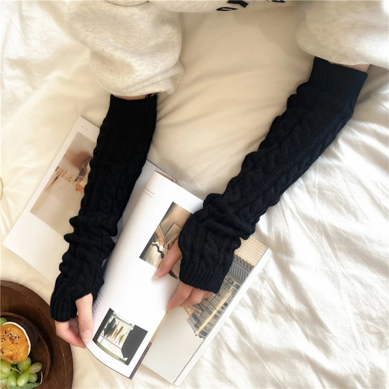 1 Pair Women Girls Hand Arm Sleeve Long Glove Wristband Arm Cover Long Sleeve Outdoor Warm Soft Striped Elbow Knitted Gloves