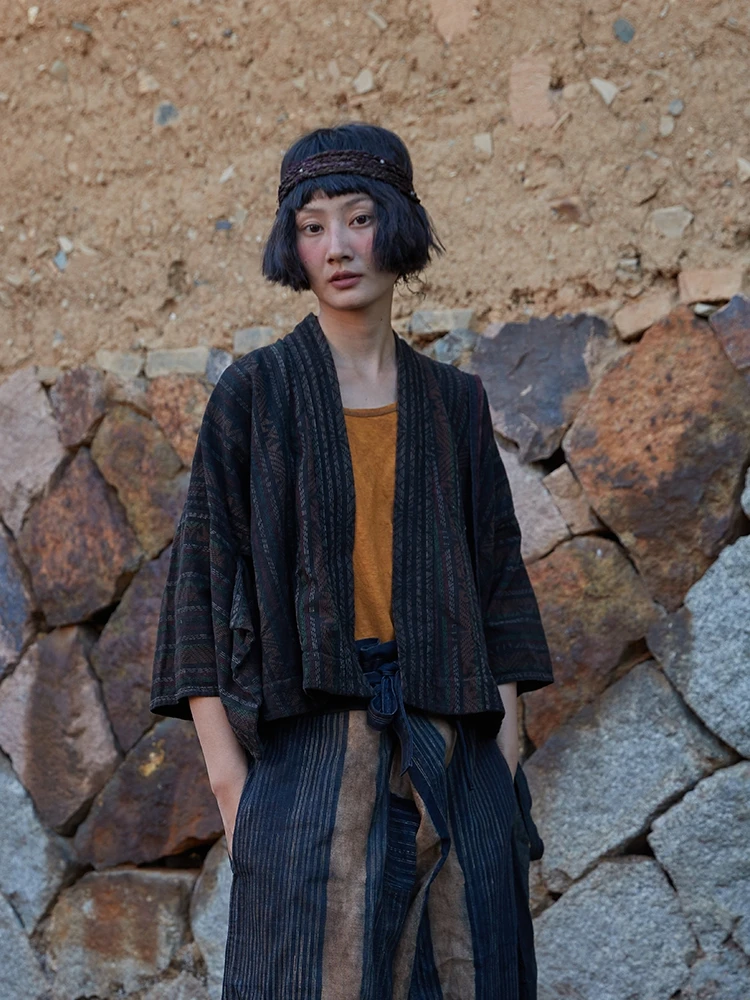 

Оригинальный дизайн, кардиган из чистого хлопка в полоску с поясом, винтажный стиль, женская верхняя одежда свободного кроя с длинными рукавами и V-образным вырезом