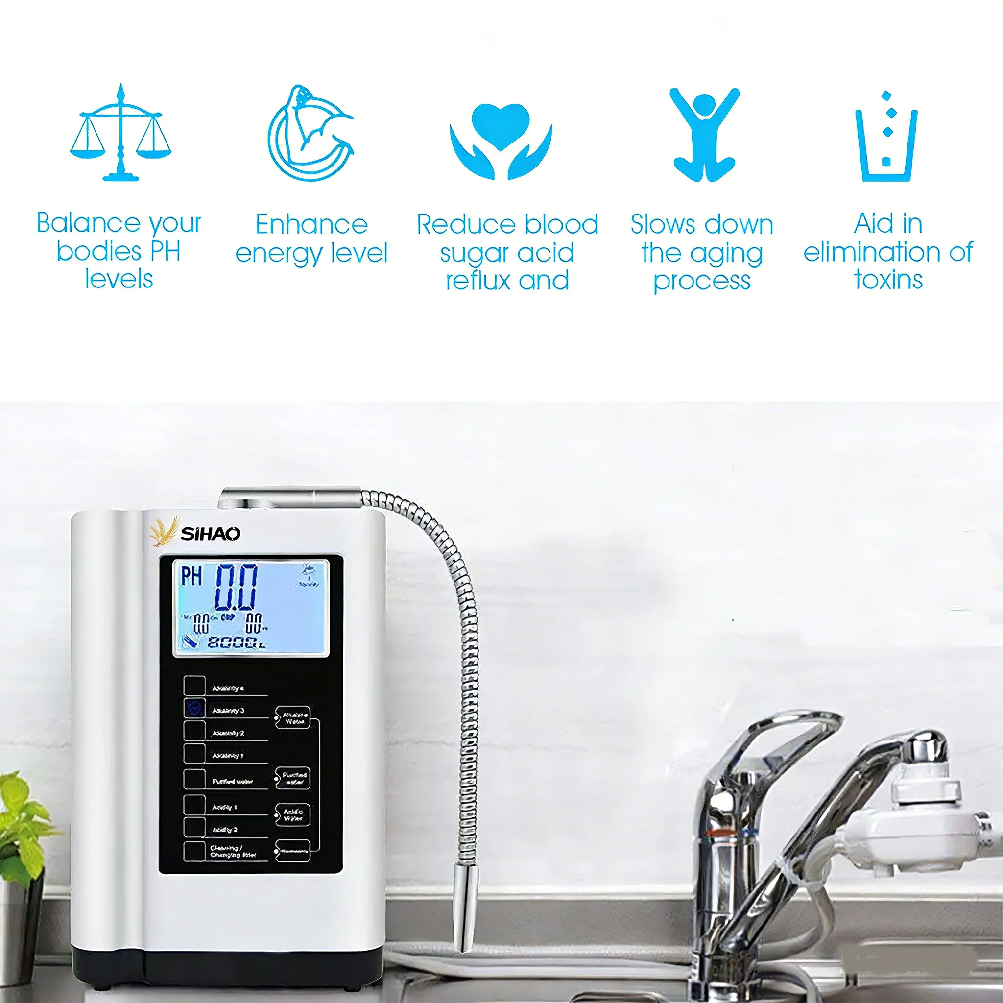 SIHAO Alkaline Water Machine Ionizers PH Range 3.5–10.5 Platinum Coating Alkaline Water Filter System 5/7 Plates Home Use