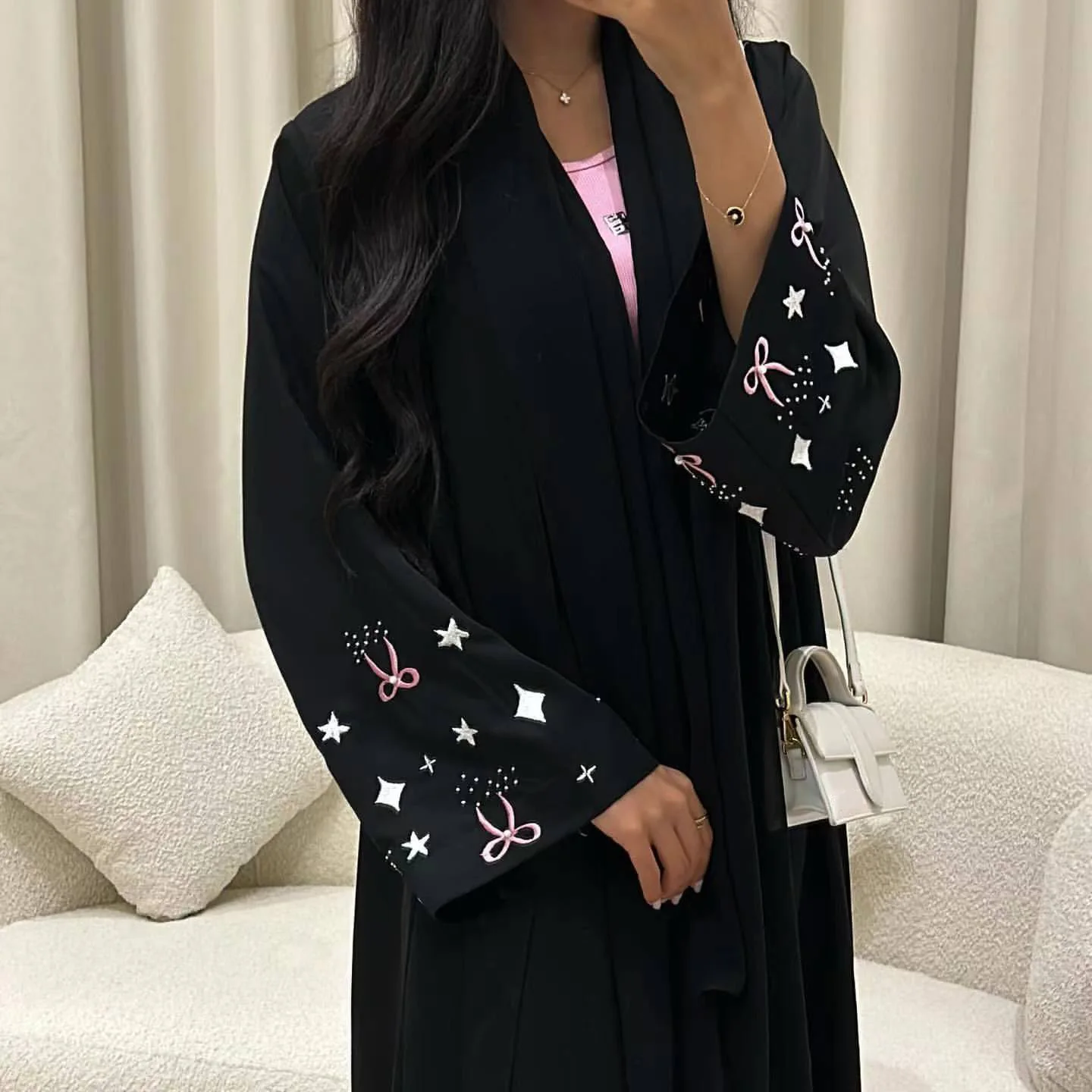 Bowknot Embroidered Satin Dubai Abaya for Women, Muslim Kimono, Open Front, Islamic Clothing, Hijabi Party Outwear, Ramadan Eid