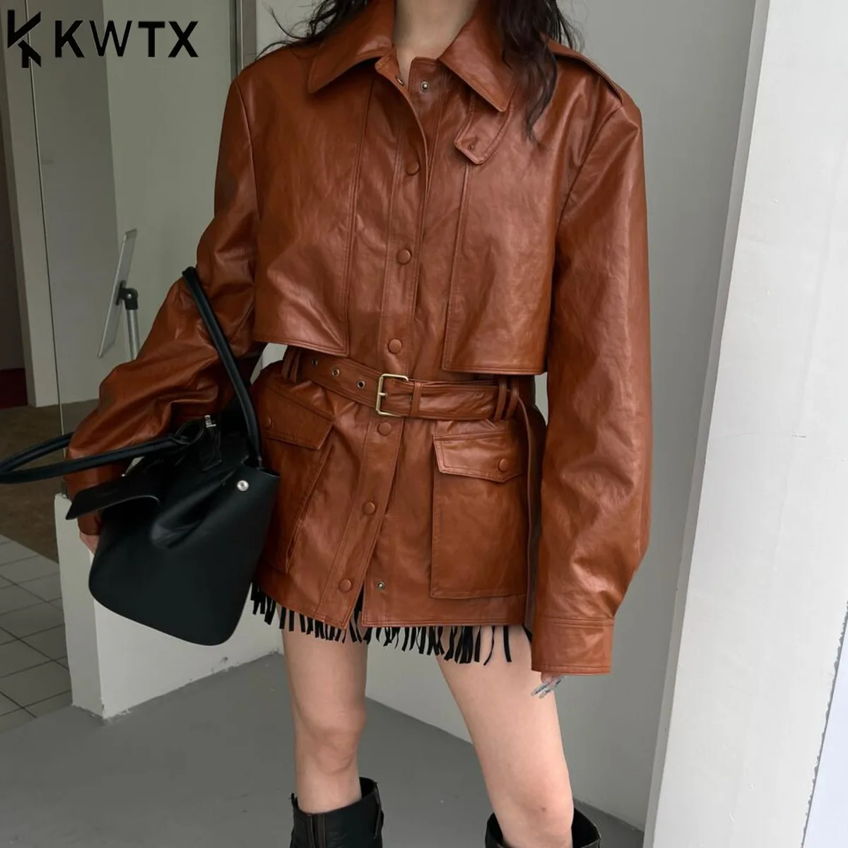 

KWTX Women’s Leather Biker Jacket Belted Single Breasted Pockets Vintage Chic 2025 New Comfortable Luxury Casual Autumn Winter