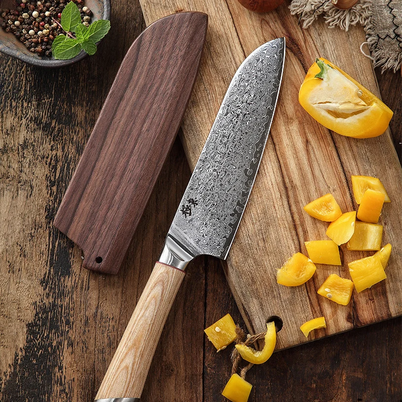 7 Inch Santoku Knife With Walnut Sheath 67-layers Damascus Steel VG-10 Blade Chef Slicing Cleaver Western Japanese Kitchen Knife