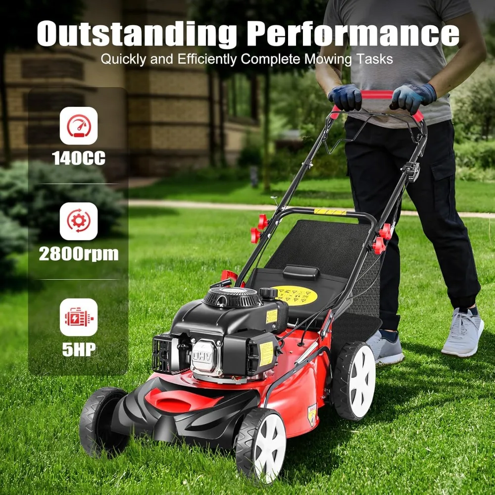 20In Gas Lawn Mower Self Propelled, 4 Stroke 6Hp Gas Push Lawn Mower, 140cc Gas Mower 8 Adjustable Heights, 1.6L Big Fuel Tank