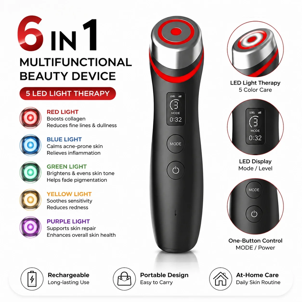 Smart Display 6-in-1 Face Massager 5 Color LED Light Therapy Ion Cleansing Serum Infusion Lifting Firming Home Skin Care Tool