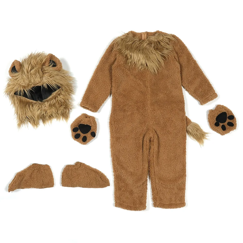 Cute Little Lion Cosplay Jumpsuit for Boys Halloween Cosplay Costume Animal Fur Sweater Children June 1st Stage Show Clothing