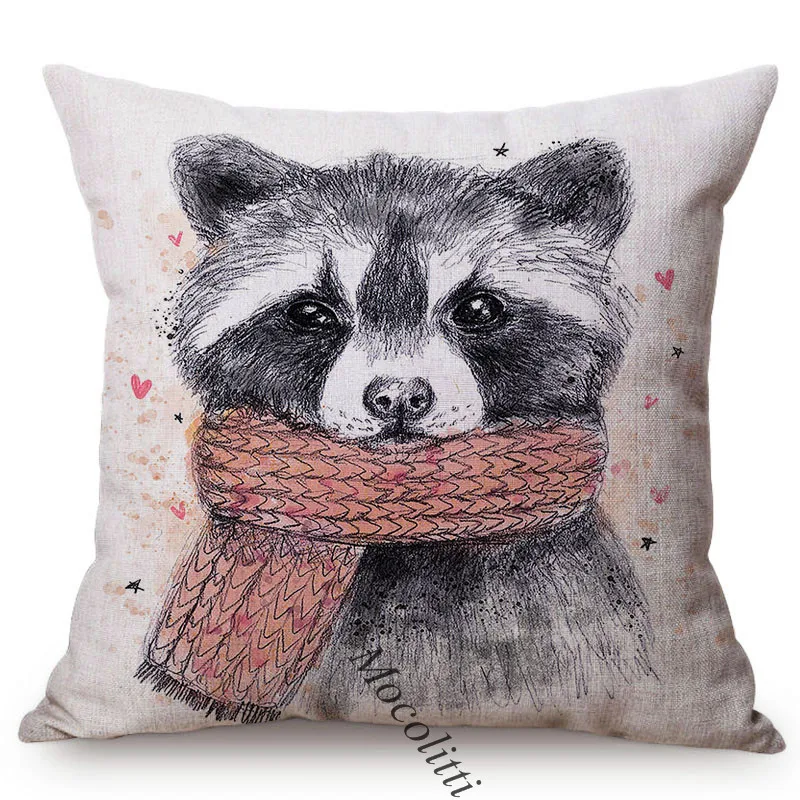 Cute Animals Cushion Cover Water Color Hand Painted Deer Pig Fox Owl Bear Raccoon Cotton Linen Decoration Sofa Throw Pillow Case