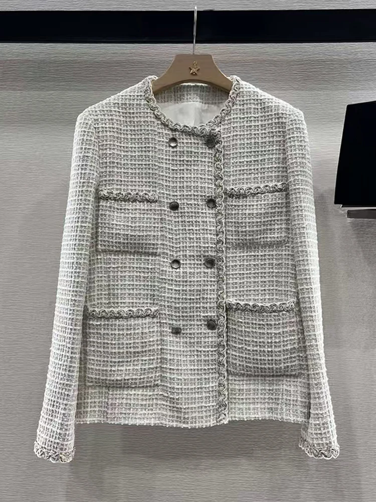 Vintage plaid tweed double-breasted pocket Short Coat 2025 Spring women's new fashion all-match straight-leg jacket