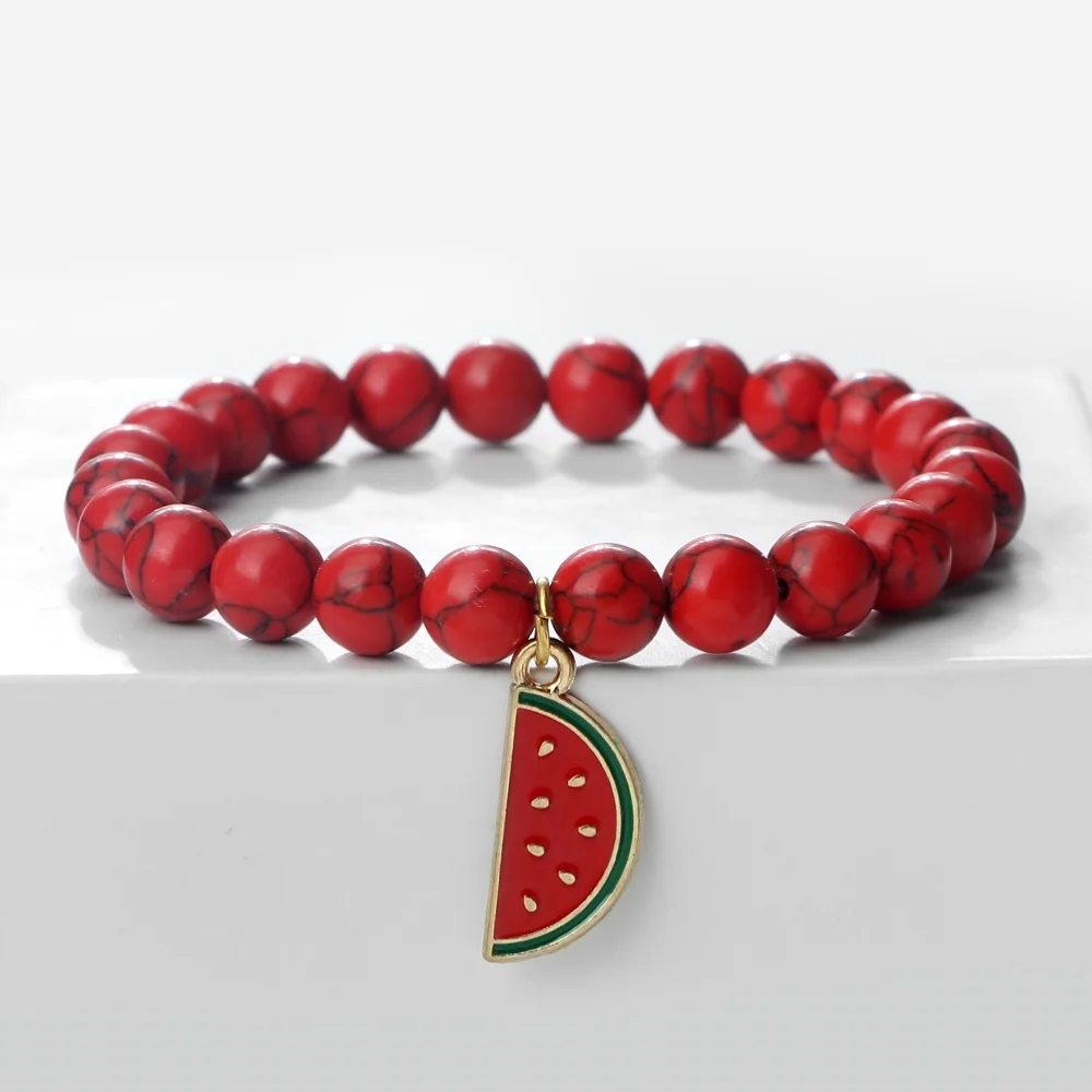 Watermelon Pendant Bracelet 8mm Natural Stone Beads Summer Fruits Charm Jewelry Cute Cartoon Beach Gifts For Men And Women Bohos