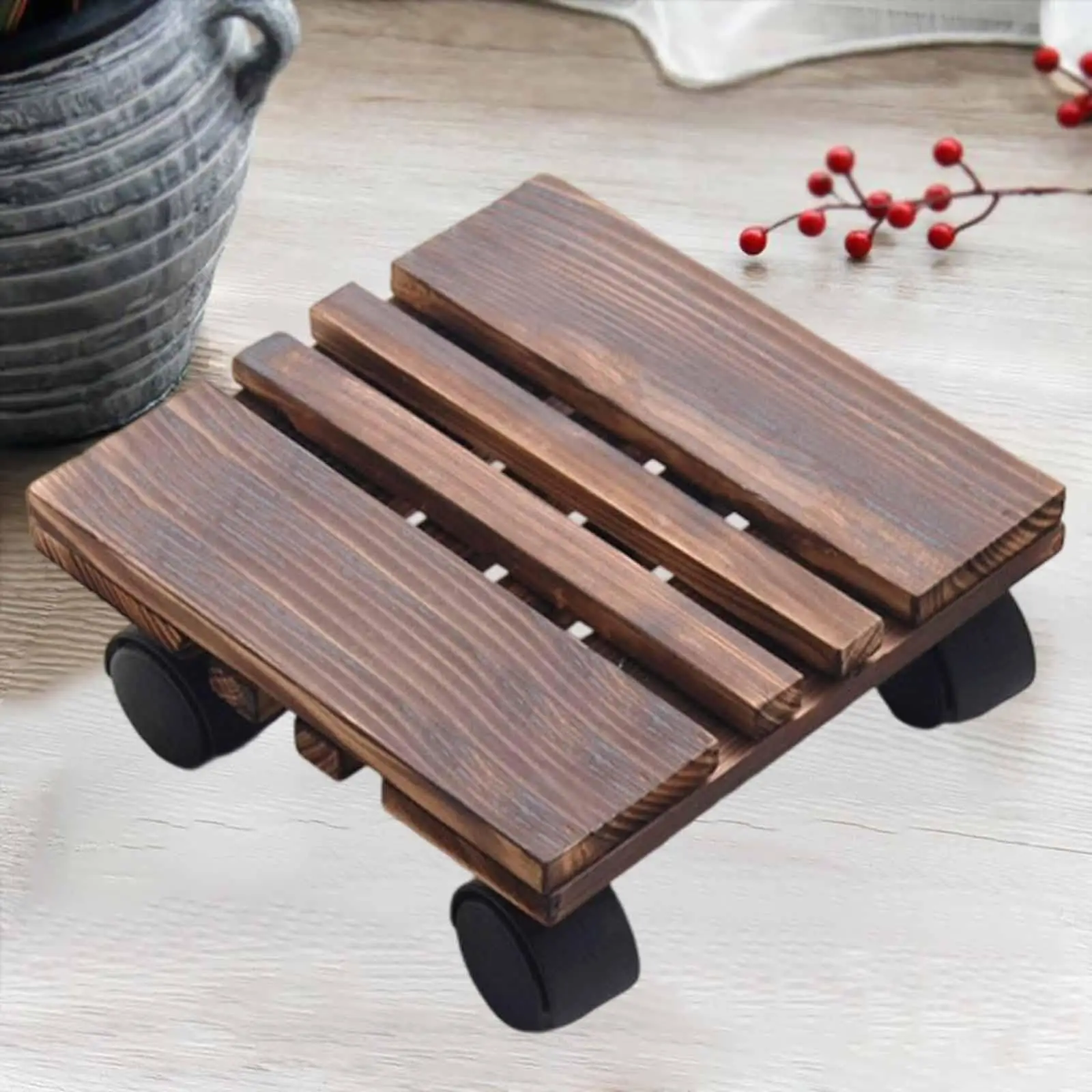 

Wooden Plant Stand with Wheels Flower Pot Mover Sturdy Decorative Caddy Plant Roller Base Rolling for Potted Plants Flower Pot