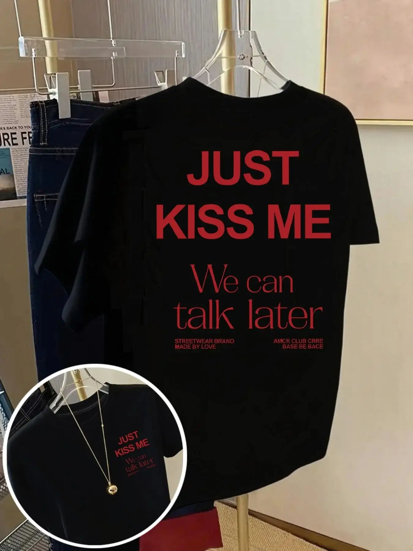 Couple Y2k Fashion Tops KISS ME We Can Talk Later Print Tshirt Short Sleeve Crew Neck Casual Top Loose Oo Neck Print Clothing