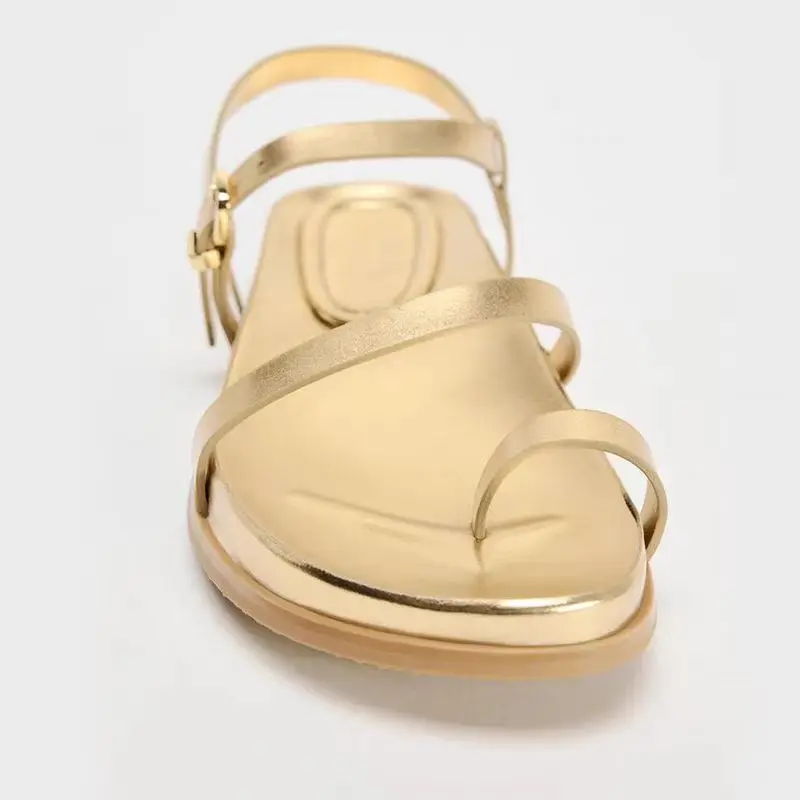 TRAF Woman Gold Color Flat Sandal Shoes Sexy Round Toe Pinch Toe Flip-flops Shoes 2024 Summer Chic Ankle Buckle Straps Sandal