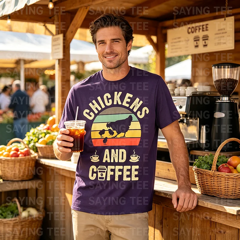 Ich mag Hühner & Kaffee Lustiges Vintage-T-Shirt mit Haustier-Motiv für Liebhaber Y2k Farmer Grafik Vintage Spruch-T-Shirt Lifestyle Weiche Baumwoll-Tops – Detail 5