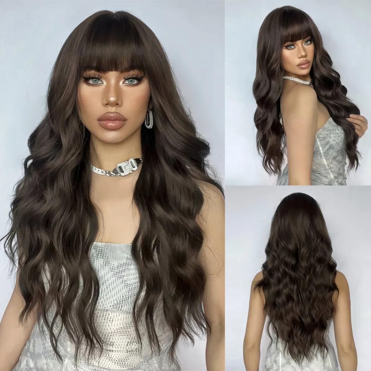 

Long Curly Dark Brown Synthetic Wig Water Wavy Wigs with Bangs for Women Cosplay Daily Use Soft Heat Resistant Fake Hair Wig
