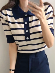 Korean Fashion Women Tops Striped Button Turn-Down Collar Knitted Sweater Short Sleeve Ice Silk Pullover Female Sueters De Mujer